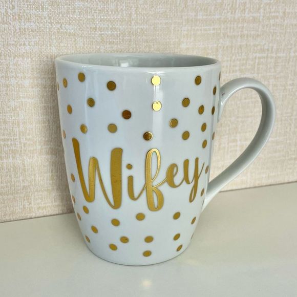 WIFEY Coffee Mug, White with Gold Polka Dots, Ceramic, GUC, 12oz - Picture 1 of 7